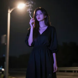 a tall woman smokes a cigarette under a street light, wearing a long loose black dress, pale skin, long brunette hair, grey eyes, purple and blue lighting, euphoria, cinematic, 4K, 8K
