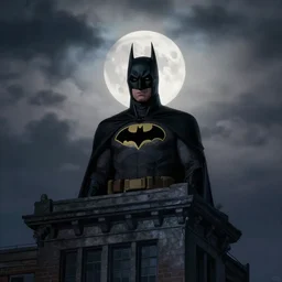batman on the top of a building with a full moon in the cloudy night sky