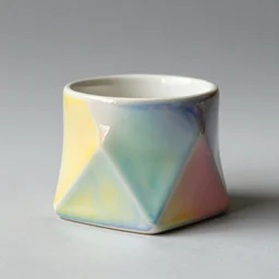 brightly colored icosahedron triangle ceramic mug with iridescent glaze