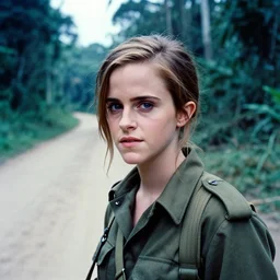 film still, portrait, head and shoulders, dirt road background, emma watson, jungle, vietnam war soldier, apocalypse now, associated press, 2 6 mm, kodak ektachrome, blue tint expired film,