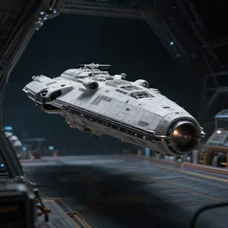 space ship battle cruiser in space dock, shallow depth of field, moody lighting, single point of light, 8 k, ultra realistic, octane render,