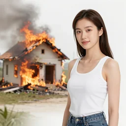 a photo of a house burning down in the background and a woman with an eerie smile in the foreground, strong depth of field - n 4