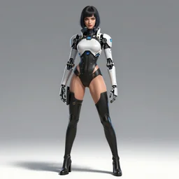 A portrait of beautiful female cyberpunk with robotic arms in a bodysuit and knee high boots by, Stanley Artgerm Lau, WLOP, Rossdraws, James Jean, Andrei Riabovitchev, Marc Simonetti, and Sakimichan, tranding on artstation