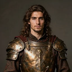 portrait of a young, handsome, persian warrior with long brown hair wearing bronze armour. by leonid afremov