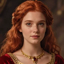 portrait of a female princess, ginger hair, tanned, beautiful, golden necklace, red tunic, close - up, stunning, detailled, by luis royo, by pixar, by myazaki, fantasy, medieval
