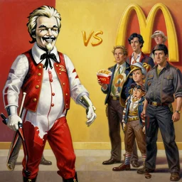 concept art of colonel sanders v. s. mcdonald, highly detailed painting by dustin nguyen, akihiko yoshida, greg tocchini, greg rutkowski, cliff chiang, 4 k resolution, trending on artstation, 8 k