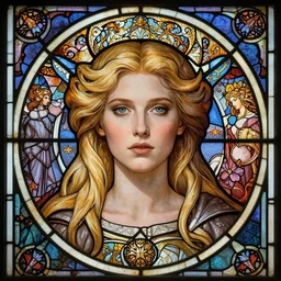 masterpiece head-on symmetrical centered portrait, Elisha Cuthbert as a paladin, blonde hair, gothic stained glass style, tarot card style, elegant, distant, in the style of Edgar Maxence and Ross Tran and Zdzisław Beksiński and Michael Whelan and Mucha and Gustave Doré, specular highlights, 8k, octane render