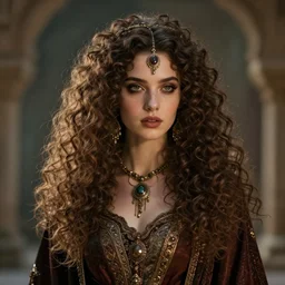 curly haired beautiful girl vintage arabian gothic, style artstation, style greg rutkowsk, octane render, unreal engine 6, epic game graphics, fantasy, cyberpunk, conceptual art, ray tracing