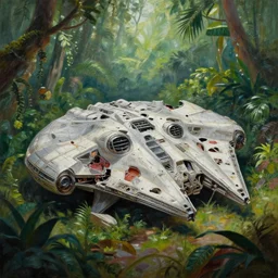 a beautiful painting of a crashed millennium falcon in a lush jungle, ray traced lighting by kalin popov and greg rutkowski