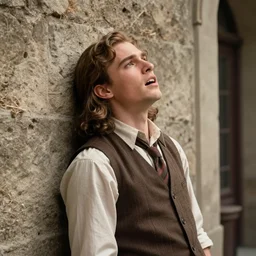 Still of a modern movie set in the 1930s where a young man with long hair is backed against a stone wall looking utterly panicked and helpless