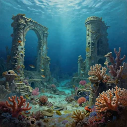 Trending on artstation, beautiful underwater ruins, coral reef, detailed matte painting, oil on canvas