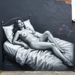 by randolph caldecott chromatic aberration terrifying. a street art of a woman reclining on a bed.