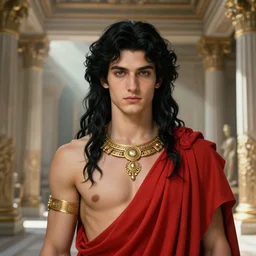 portrait, cute young orphic dionysus, androgynous, chtonic god, red greek robe, long black hair, ancient greek palace, very detailed, ornate, gold jewelry, character illustration, crepuscular rays, soft lighting, octane render, greg rutkowski, alphonse mucha, sung choi, 8 k, vibrant