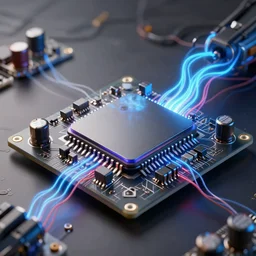 mechatronic ic, microscopic shot, integrated circuit boards, capacitors, electricity surging, neon lighting, octane render, 3 d model, blender, 8 k, 4 k, hyper realistic