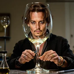 still of johnny depp face on a giant glass of wine, by professional glass blower, beautiful composition