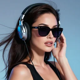 closeup beautiful retro future megan fox varga girl wearing headphones and sunglasses, glamour pose, jetsons, windblown dark hair, seductive, hyper detailed, digital art, studio lighting, smooth, ambient volumetric lighting, sharp focus, dan mumford, moebius, patrick nagle, 1 9 4 6, synthwave