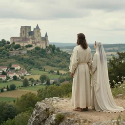 a unique digital photo of a jesus and mary magdalene as man and wife standing on a cliff looking over a beautiful landscape in france, rennes - le - chateau, award winning photo, very detailed, very realistic cinematic