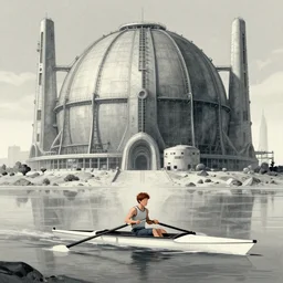 boy in a rowing boat in front of a sci fi nuclear containment building by simon stalenhag, tales from the loop