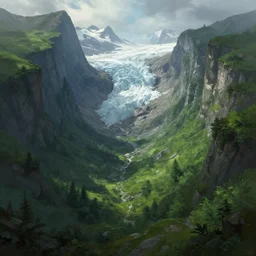 a lush valley in the chasm of a great glacier, deep focus, fantasy, intricate, elegant, highly detailed, digital painting, artstation, concept art, matte, sharp focus, illustration, hearthstone, art by artgerm and greg rutkowski