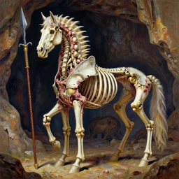 Vibrant art. A spiked detailed horse skeleton with armored joints stands in a large cave with halberd in hand. Massive shoulderplates. Extremely high details, realistic, fantasy art, solo, masterpiece, bones, ripped flesh, colorful art by Zdzisław Beksiński, Arthur Rackham, Dariusz Zawadzki, Harry Clarke