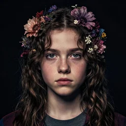 portrait of Eleven from the stranger things by Mazzoni Marco,dark ,detailed ,flowers!!! On hair ,portrait,