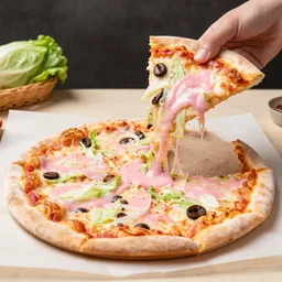 A pizza made of coffee, cabbage and pink slime drops
