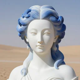 full head and shoulders, beautiful female porcelain sculpture by daniel arsham and raoul marks, smooth, all white features, delicate facial features, white eyes, white lashes, detailed white, lots of real blue hair in a winding hairstyle on the head, giant statue in the desert