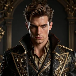 face shot portrait of attractive arrogant powerful young man with luxury clothes, by greg rutkowski, by zdzislaw beksinski, very detailed, ornate, intricate, octane render, dark color lighting, volumetric lighting, 8 5 mm