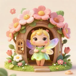 a tiny cute fairy in a flower house, beautiful face, large eyes, cute, adorable, volumetric light, octane render, studio ghibli, trending on artstation