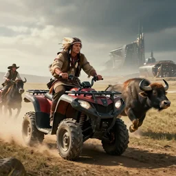 running buffalo chase ,buffalos, native indian riding  ancient  atv, attacking, action scene, an epic fantasy, dramatic lighting, cinematic, establishing shot, extremely high detail, photorealistic, cinematic lighting, artstation, octane render, by simon stalenhag, horizon forbidden west and futuristic western