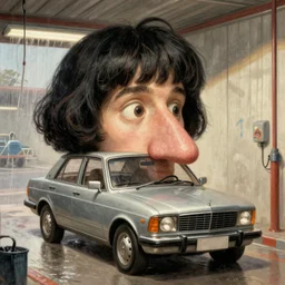 a big nose with a wig driving a car, in the car wash. funny humorous surrealist illustration by j. c. leyendecker, detailed art
