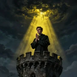 A frightened young, thin and stern catholic priest in his thirties fervently praying as he is about to die from the ominous terrifying Lovecraftian yellow shadow descending upon him from the night sky. He is at the top of a medieval tower. Low angle, dramatic lighting. Art by Greg Rutkowski and Alphonse Mucha