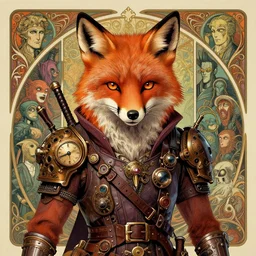 a detailed portrait illustration of an anthropomorphic steampunk tech - sorcerer fox, ginger. art nouveau, pop art, comic book style. influenced by neil gaiman, h. p. lovecraft, dan mumford, brian froud, heade, killian eng, ross tran.