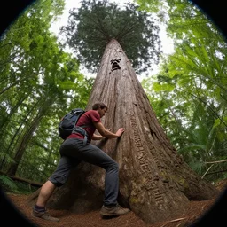 ultra wide fisheye photo if a hiker accidentally carving their name into the bark at the base of a gigantic tree ent's leg, which looks down at him from high above angrily, trending on artstation hyperreal