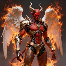 mechanical steampunk cyborg devil red skin satan horns with white! angel wings flames and fire concept art greg rutkowski ivan aivazovsky