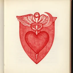 bookplate : red shield with heart ; behind caduceus and waxing crescent moon.