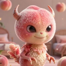 an alien with a face that looks like a fuzzy peach the peach is fuzzy pink warm and ripe the alien has horns and a mean smile the alien has chicken feet cruel smile the alien has bedroom eyes, 4k, highly detailed, high quality, amazing, high particle effects, glowing, majestic, soft lighting, detailed background, happy tones, sharp background