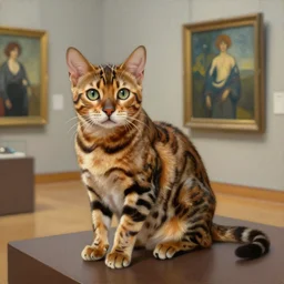 museum painting, medium - shot, small bengal cat, oil painting, matte painting, masterpiece, alicia rius, artgerm, yerka, rutkowski, mucha, kinkade
