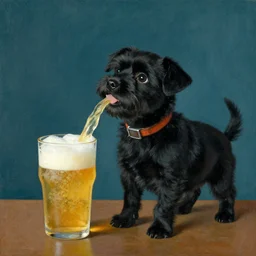 a small black dog drinking beer by charles e. burchfield