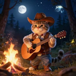 an cat wearing a cowboy outfit and a cowboy hat playing a guitar near a campfire during the night, stars, glowing, forest background, moon in the sky, fluffy, fine details. night setting. realistic shaded lighting poster by craig mullism, artgerm, jeremy lipkin and michael garmash, unreal engine, radiant light, detailed and intricate environment, digital art, trending on art station