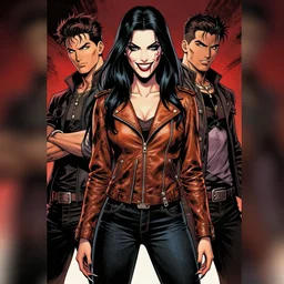 Rafael Albuquerque comic cover art, loish, Sam yang, artgerm, Ross tran,  pretty female Samara Weaving vampire, very sharp fangs blood on face face, sarcastic smile, symmetrical eyes, symmetrical face, full body long sharp nails, brown leather jacket, jeans, long black hair, middle shot, highly saturated, deep blacks