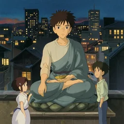buddhism, city at night, in the style of studio ghibli, j. c. leyendecker, greg rutkowski, artem