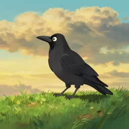 a wholesome animation key shot of a crow on a green hill, portrait shot, studio ghibli, pixar and disney animation, sharp, anime key art by greg rutkowski, bloom, dramatic lighting, golden hour