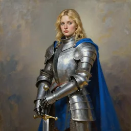 blonde female knight in armor with a blue cape holding a sword, painting portrait