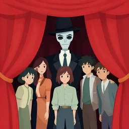 puppet master in tuxedo behind red curtains. clean cel shaded vector art. shutterstock. behance hd by lois van baarle, artgerm, helen huang, by makoto shinkai and ilya kuvshinov, rossdraws, illustration