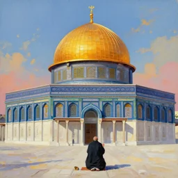 a beautiful illustration of dome of the rock jerusalem and f a muslim is praying in front of it, impasto paint in the style of martin johnson heade and h. r. giger