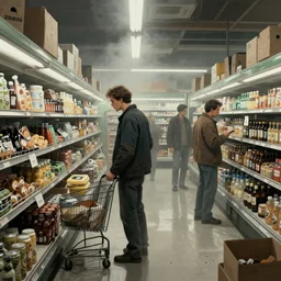 detailed ultra - realistic graphic novel illustration of postapocalyptic supermarket by edward hopper and gregory crewdson, cinematic, muted colors, cinematic fog, full shot, george adult, carel willink, ian miller, wayne barlowe, greg rutkowski, norman rockwell