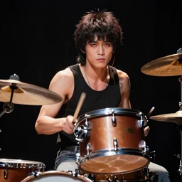 a badass intense taiwanese idol drummer on stage in the 1 9 7 0 s, live venue, professional photography, highly detailed, stunning lighting, artstation, realistic face and anatomy, by thomas kinkade and greg rutkowski
