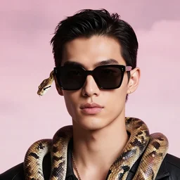 portrait, fashion model in sunglasses, snakes, pink cloudy background, hyper detailed, photo realistic, vouge style photo, by charles bird king