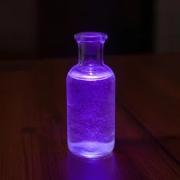 glowing liquid filled bottle on wooden desk, middle ages, lit by purple blacklight, sigma 8 5 mm f / 1. 4